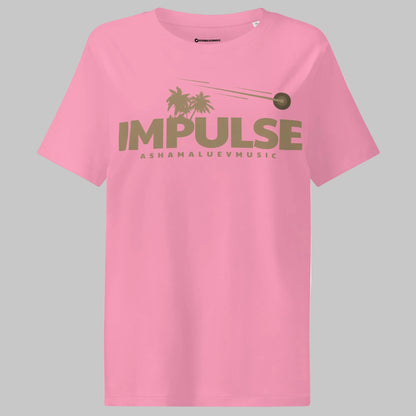 Bubble pink women's organic short sleeve t-shirt with beige text 'IMPULSE' and 'ASHAMALUEVMUSIC' on a gray background