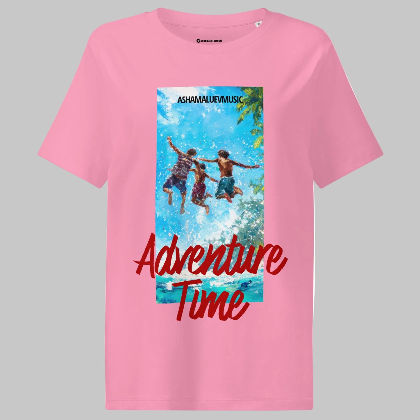 Bubble pink women's short sleeve t-shirt with 'Adventure Time' graphic and text 'AShamaluevMusic' on a gray background