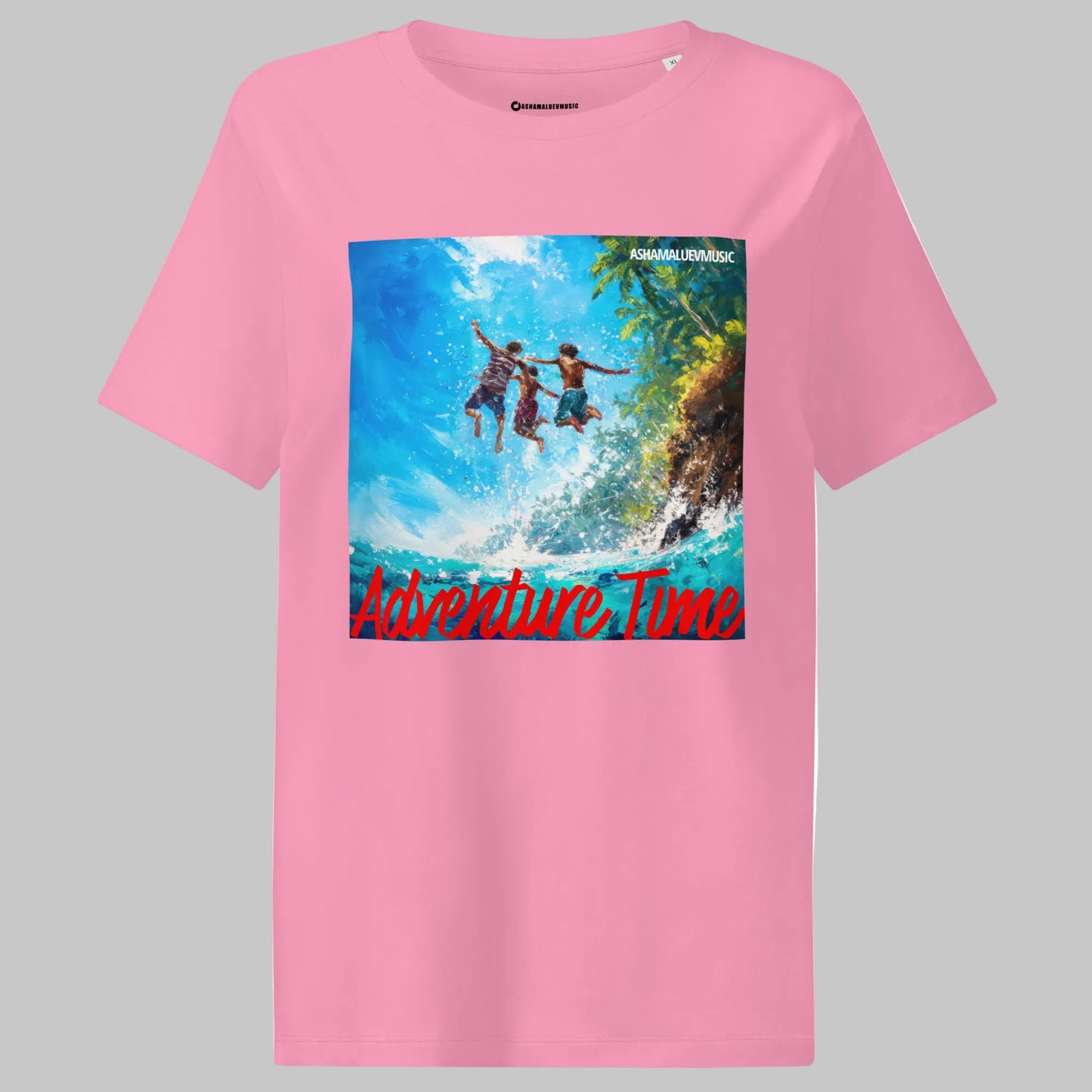 Bubble pink women's short sleeve t-shirt with 'Adventure Time' graphic and 'AShamaluevMusic' text on a gray background