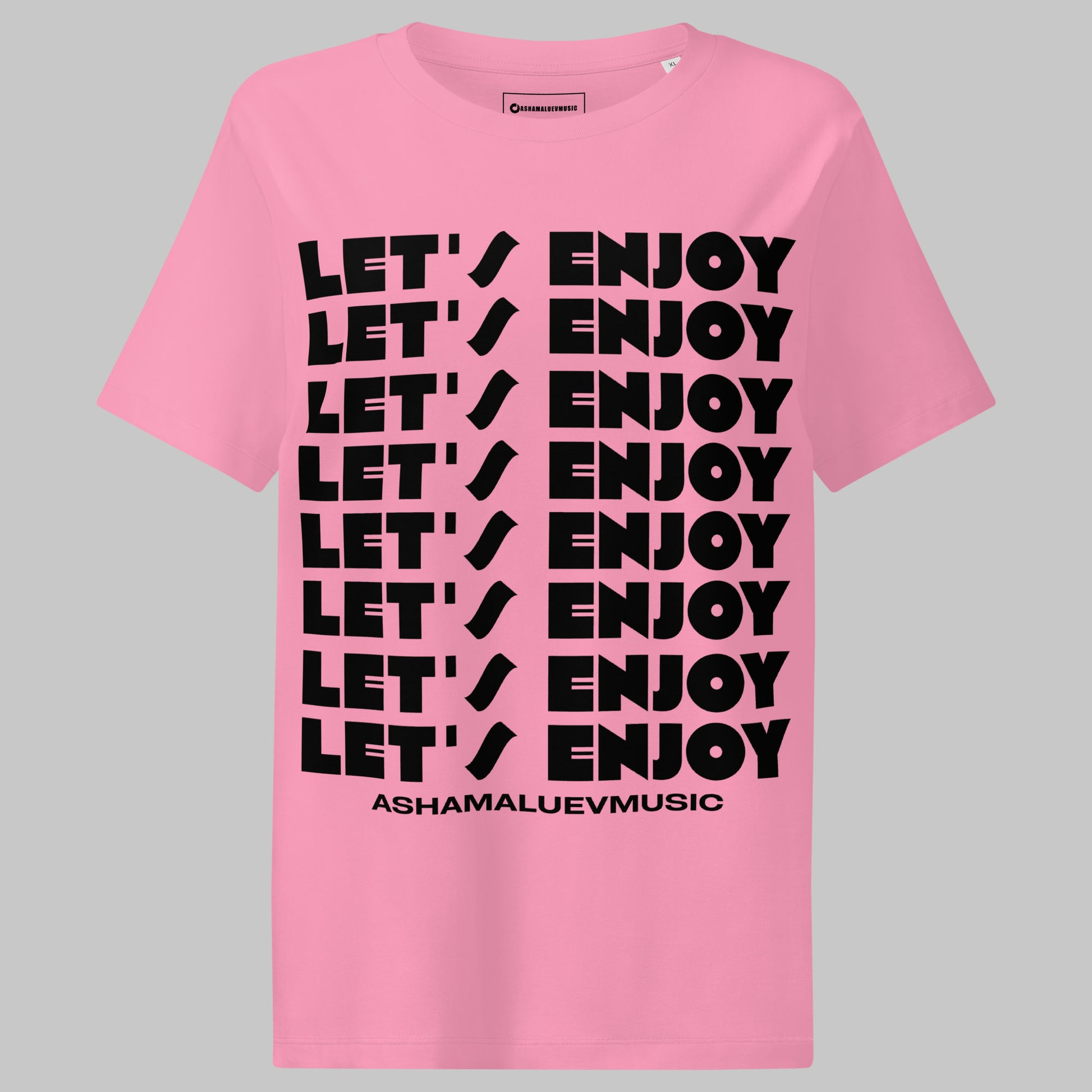 Bubble pink t-shirt with 'LET'S ENJOY' text and Ashamaluevmusic branding on a gray background