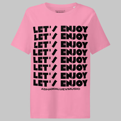 Bubble pink t-shirt with 'LET'S ENJOY' text and Ashamaluevmusic branding on a gray background