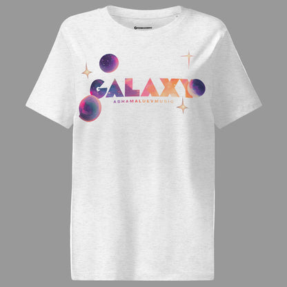 Cool heather grey t-shirt with a 'Galaxy' design and AShamaluevMusic logo on a light grey background
