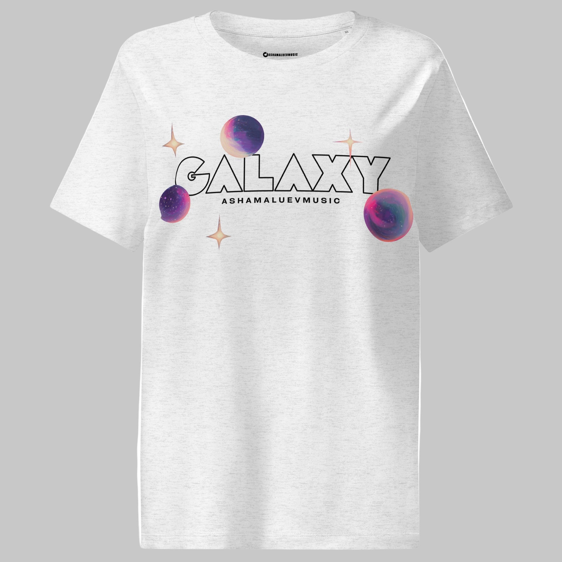 cool heather grey t-shirt with a 'Galaxy' design and AShamaluevMusic logo on a grey background