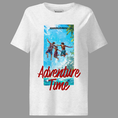Cool heather grey women's short sleeve t-shirt with 'Adventure Time' graphic and text 'AShamaluevMusic' on a gray background