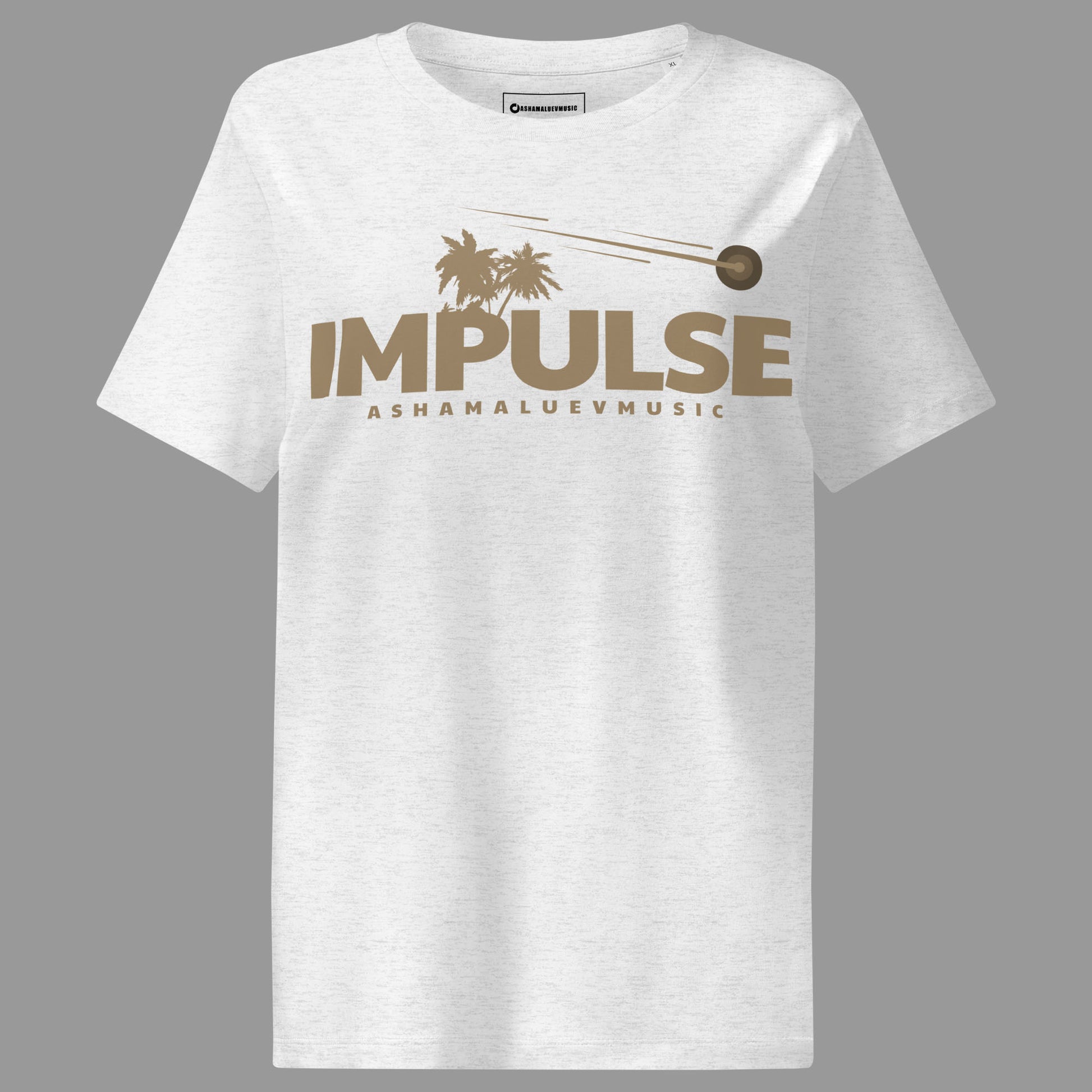 Cool heather grey women's organic short sleeve t-shirt with beige text 'IMPULSE' and 'ASHAMALUEVMUSIC' on a gray background