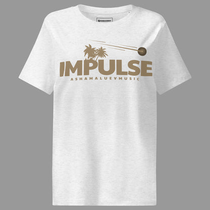 Cool heather grey women's organic short sleeve t-shirt with beige text 'IMPULSE' and 'ASHAMALUEVMUSIC' on a gray background