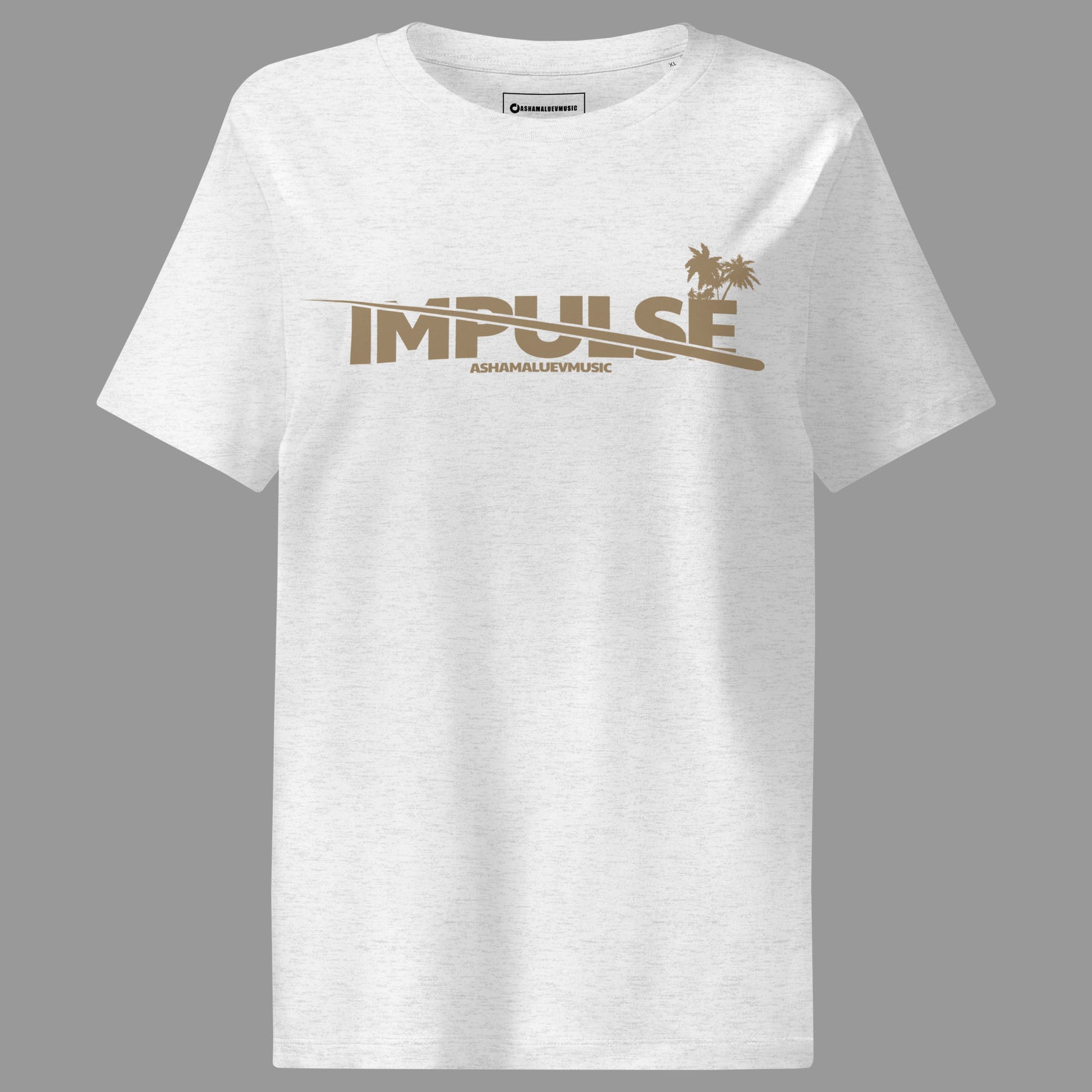 Cool heather grey woomen's t-shirt with beige text 'IMPULSE' and 'AShamaluevMusic' on a gray background