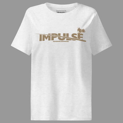 Cool heather grey woomen's t-shirt with beige text 'IMPULSE' and 'AShamaluevMusic' on a gray background