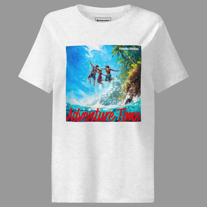 Cool heather grey women's short sleeve t-shirt with 'Adventure Time' graphic and 'AShamaluevMusic' text on a gray background