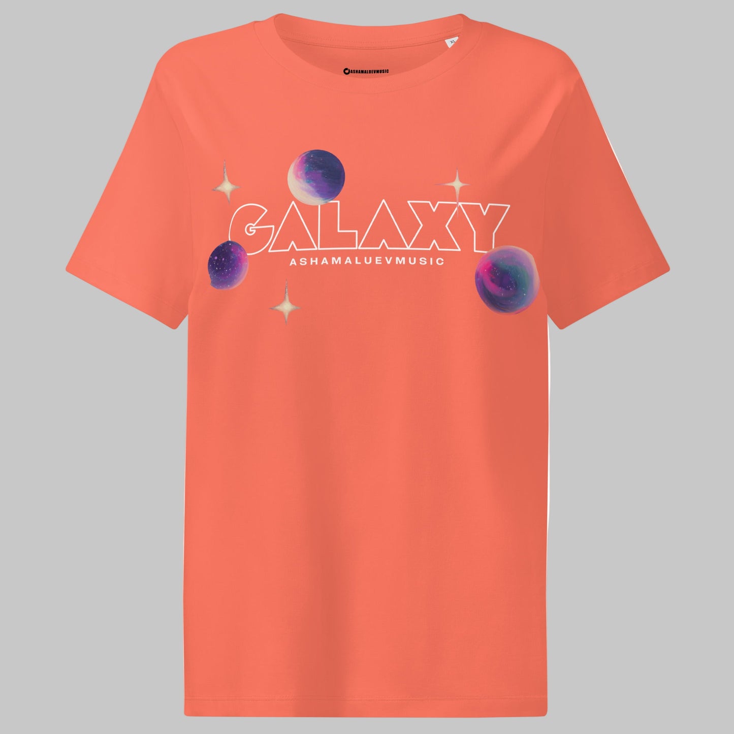 Fiesta t-shirt with a 'Galaxy' design and AShamaluevMusic logo on a grey background