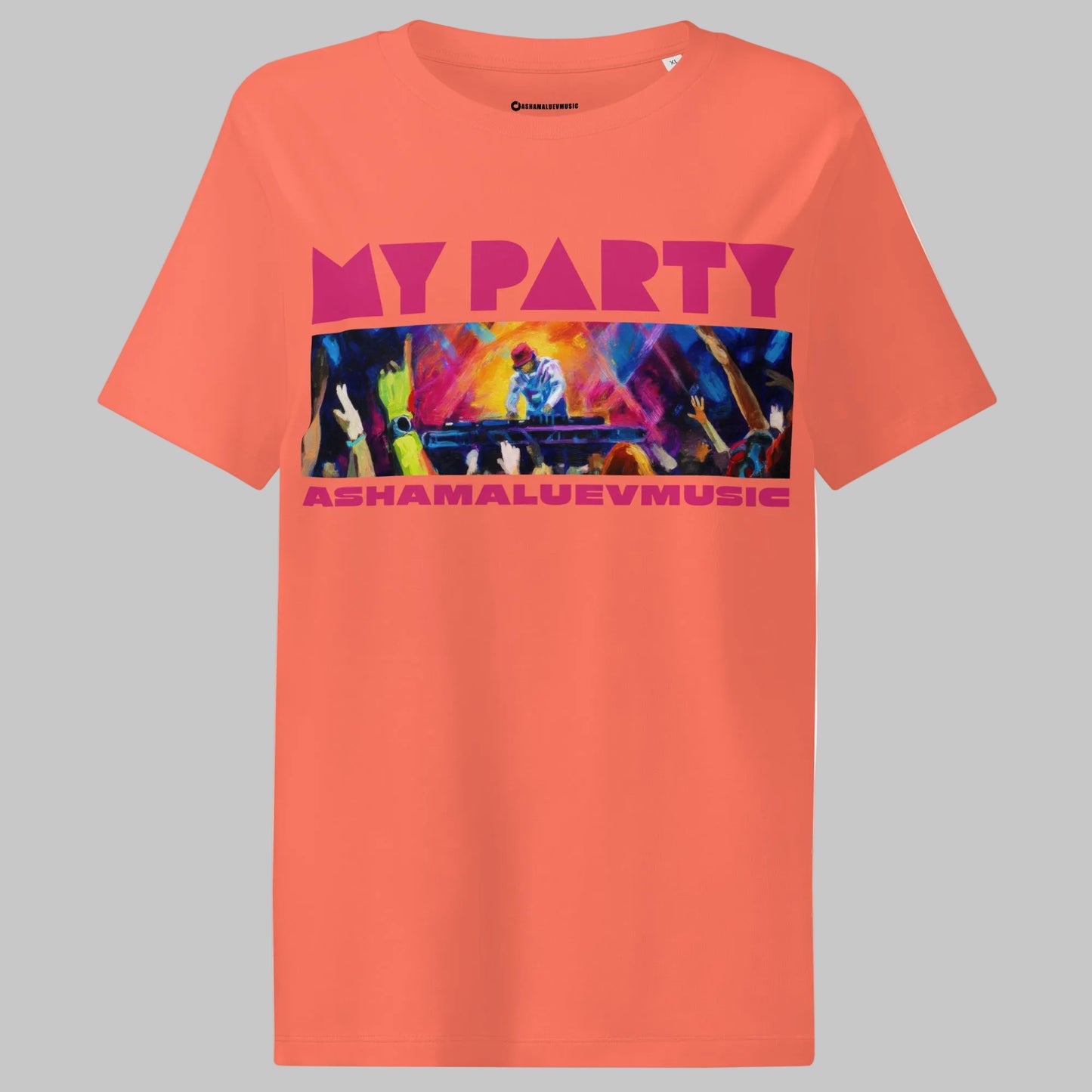 Fiesta t-shirt with colorful graphic and text 'MY PARTY' and 'ASHAMALUEVMUSIC' on a gray background