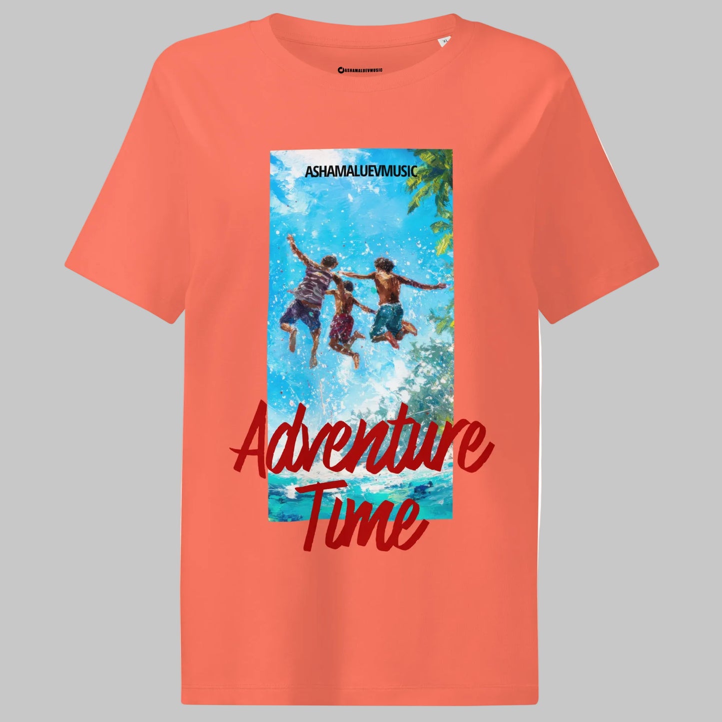 Fiesta women's short sleeve t-shirt with 'Adventure Time' graphic and text 'AShamaluevMusic' on a gray background