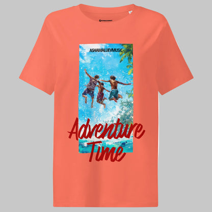 Fiesta women's short sleeve t-shirt with 'Adventure Time' graphic and text 'AShamaluevMusic' on a gray background