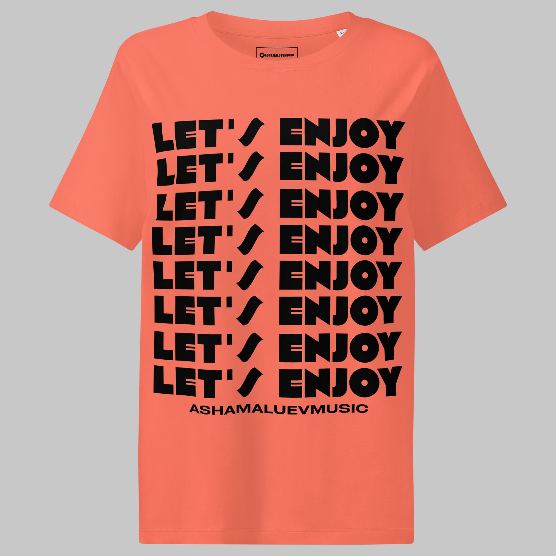 fiesta t-shirt with 'LET'S ENJOY' text and Ashamaluevmusic branding on a gray background