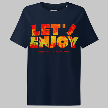 Navy blue t-shirt with colorful 'LET'S ENJOY' text and brand name on a grey background