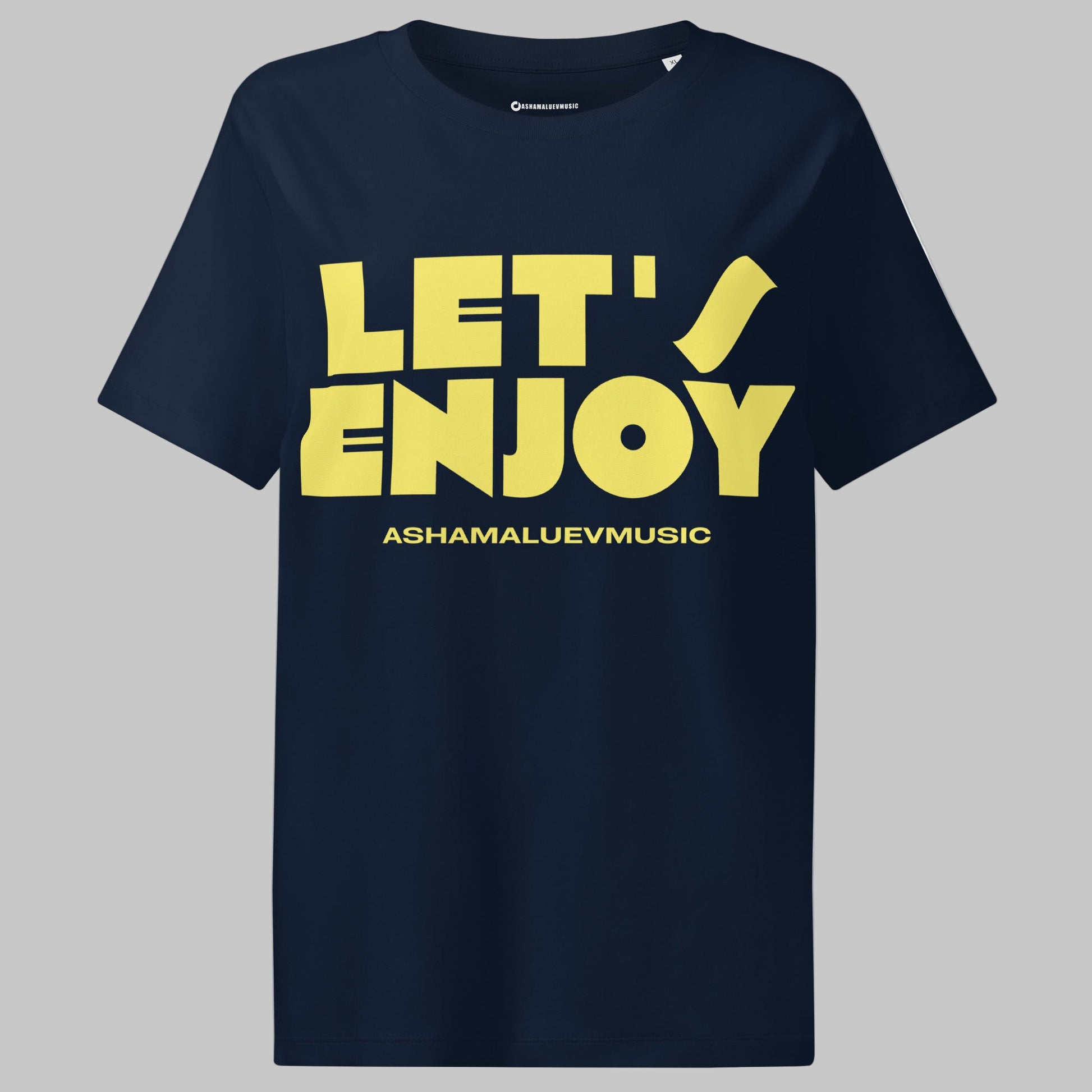 french navy women's organic cotton t-shirt with a 'Let's Enjoy' print and AShamaluevMusic logo on a grey background