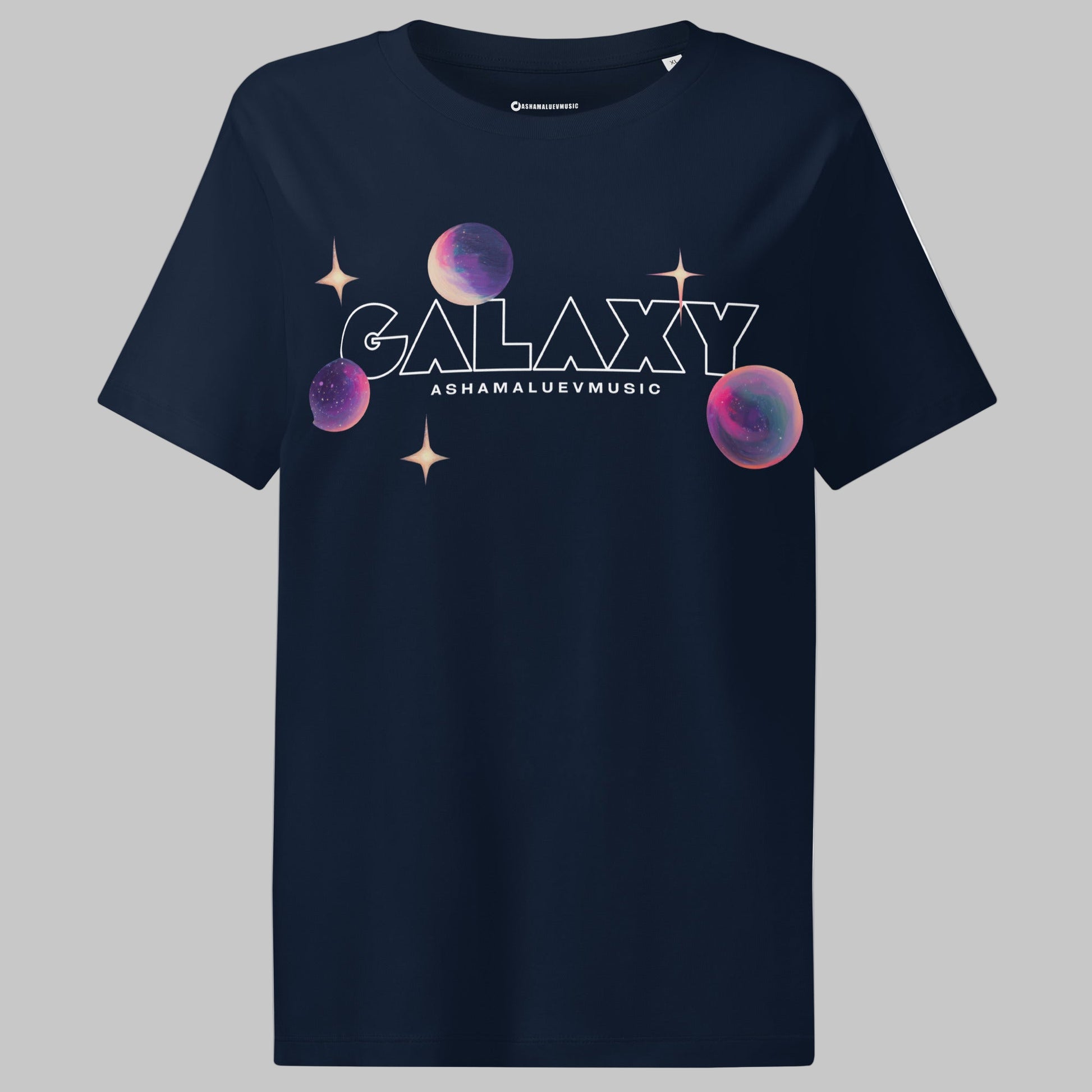 French navy t-shirt with a 'Galaxy' design and AShamaluevMusic logo on a grey background