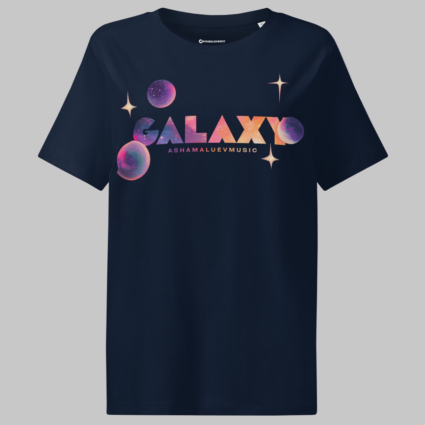 french navy t-shirt with a 'Galaxy' design and AShamaluevMusic logo on a light grey background