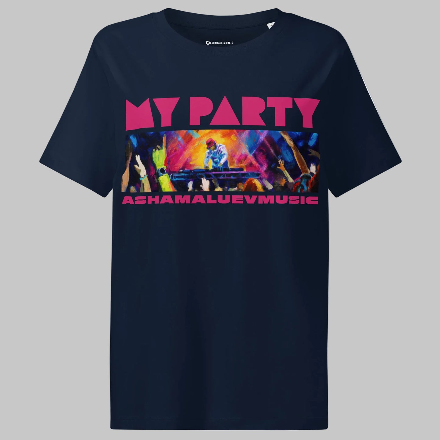 French navy t-shirt with colorful graphic and text 'MY PARTY' and 'ASHAMALUEVMUSIC' on a gray background