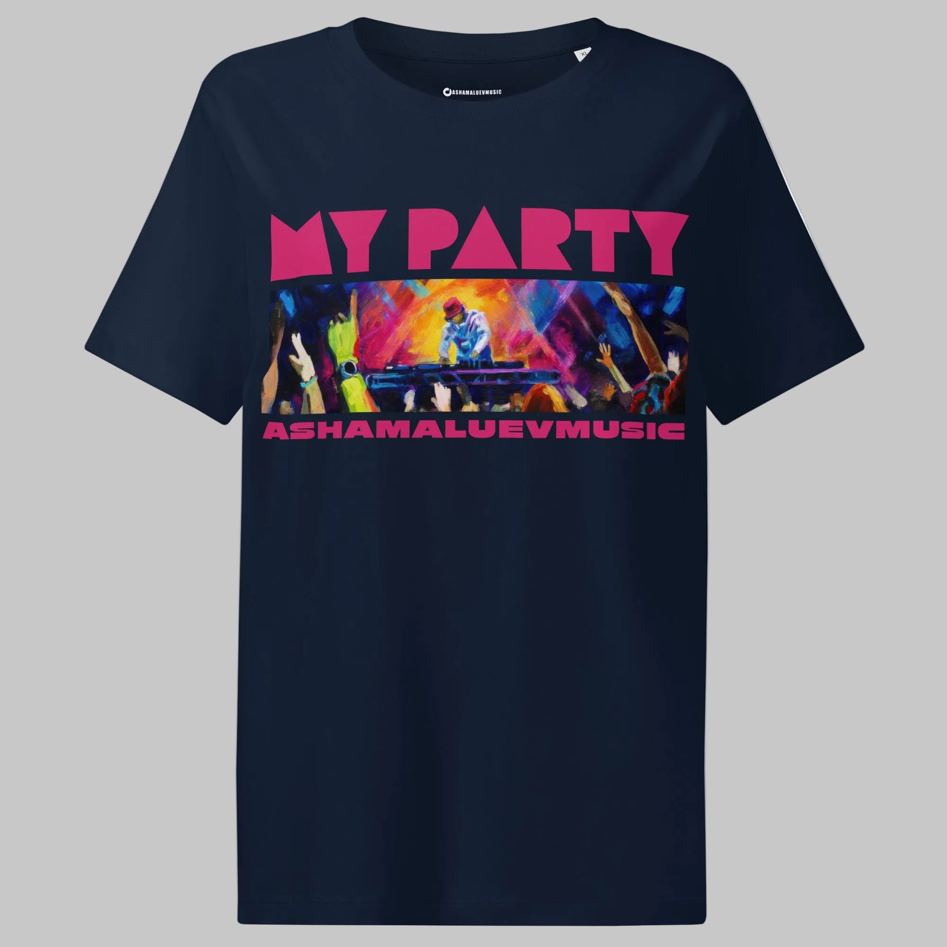 French navy t-shirt with colorful graphic and text 'MY PARTY' and 'ASHAMALUEVMUSIC' on a gray background