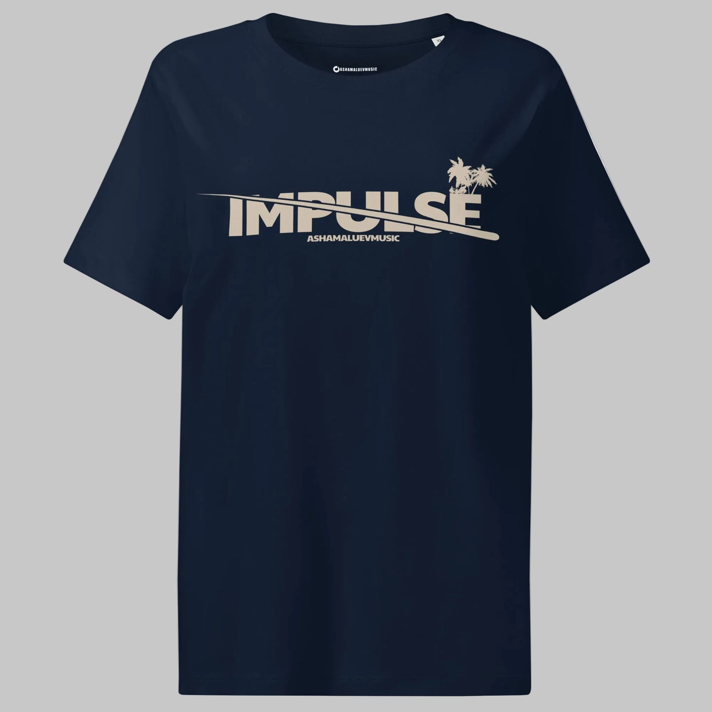 French navy woomen's t-shirt with beige text 'IMPULSE' and 'AShamaluevMusic' on a gray background