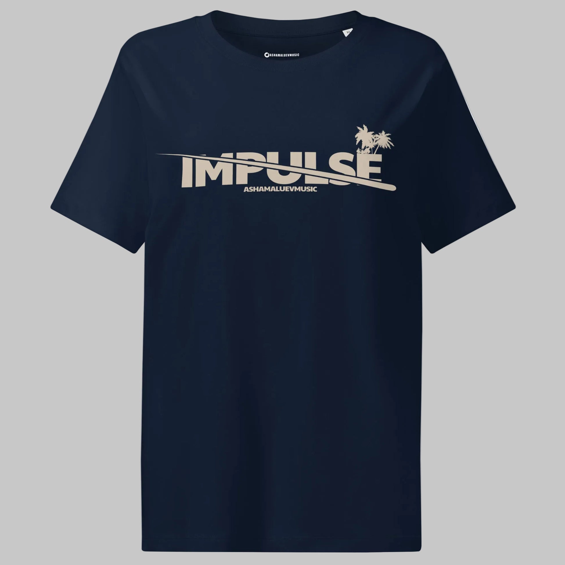 French navy woomen's t-shirt with beige text 'IMPULSE' and 'AShamaluevMusic' on a gray background
