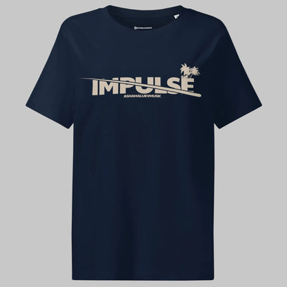 French navy woomen's t-shirt with beige text 'IMPULSE' and 'AShamaluevMusic' on a gray background