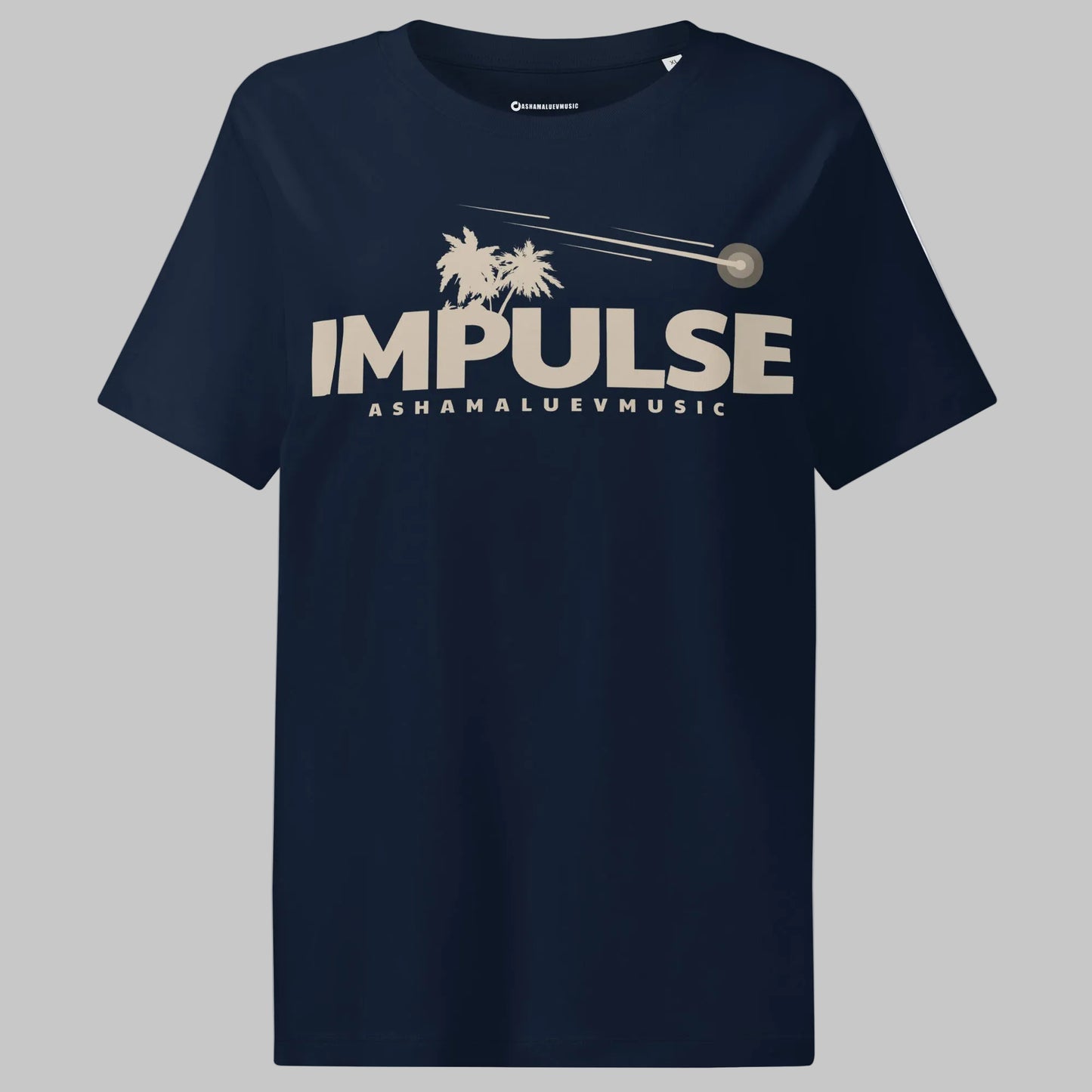 French navy women's organic short sleeve t-shirt with beige text 'IMPULSE' and 'ASHAMALUEVMUSIC' on a gray background