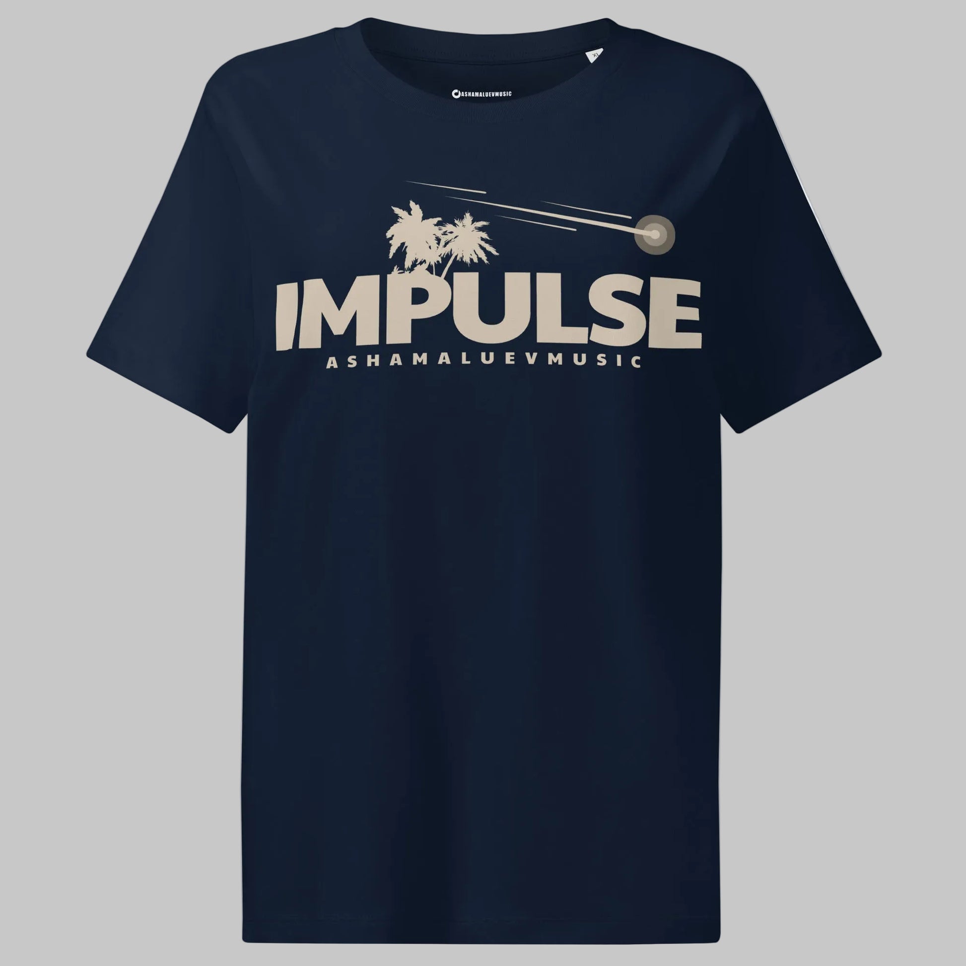 French navy women's organic short sleeve t-shirt with beige text 'IMPULSE' and 'ASHAMALUEVMUSIC' on a gray background