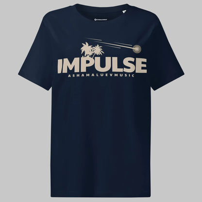 French navy women's organic short sleeve t-shirt with beige text 'IMPULSE' and 'ASHAMALUEVMUSIC' on a gray background