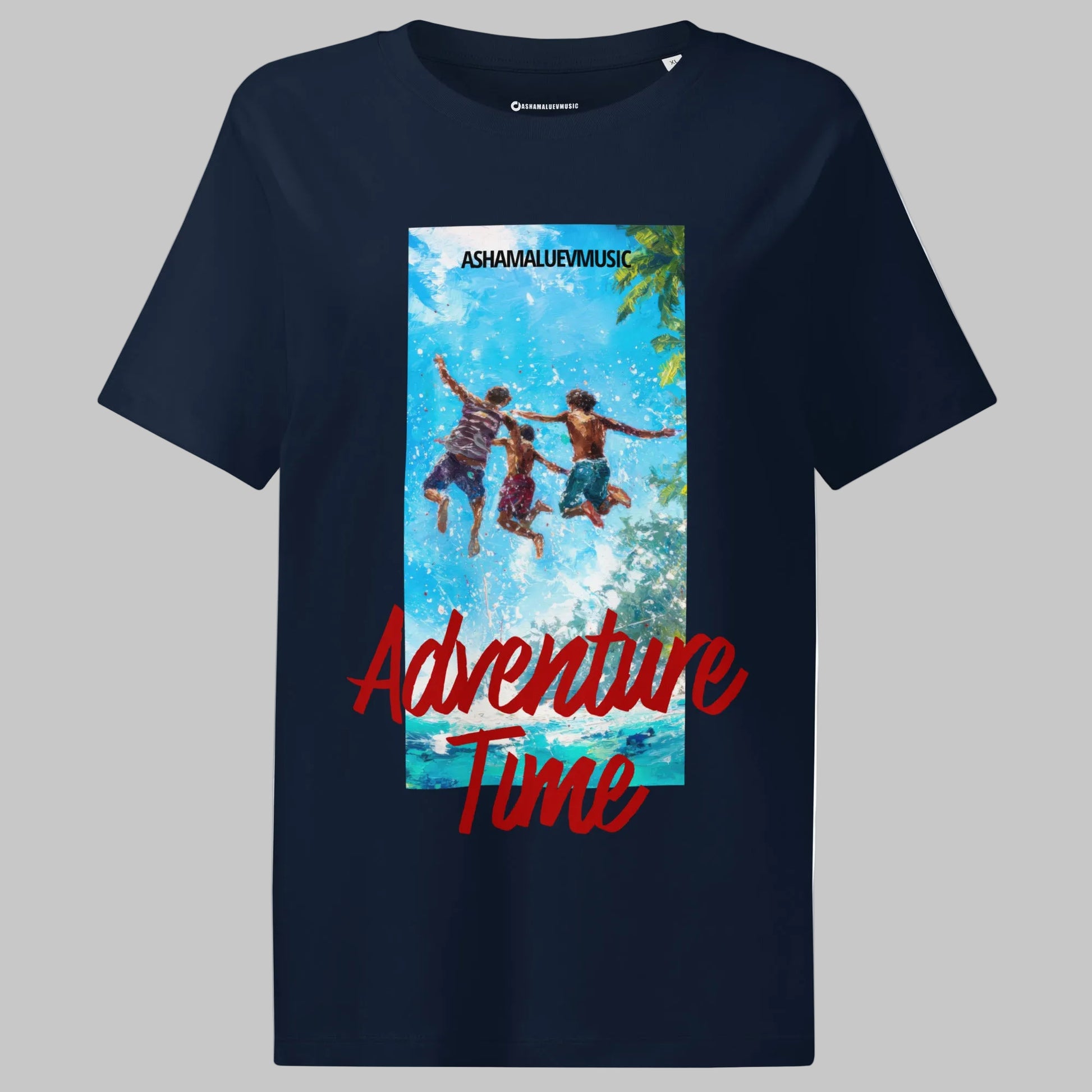 French navy women's short sleeve t-shirt with 'Adventure Time' graphic and text 'AShamaluevMusic' on a gray background