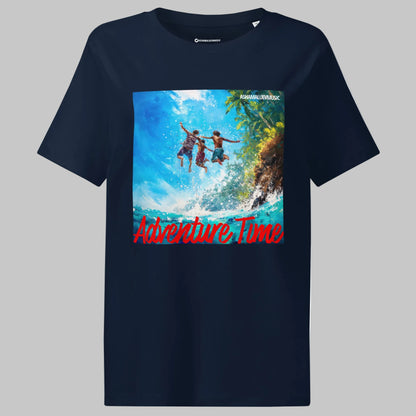 French navy women's short sleeve t-shirt with 'Adventure Time' graphic and 'AShamaluevMusic' text on a gray background