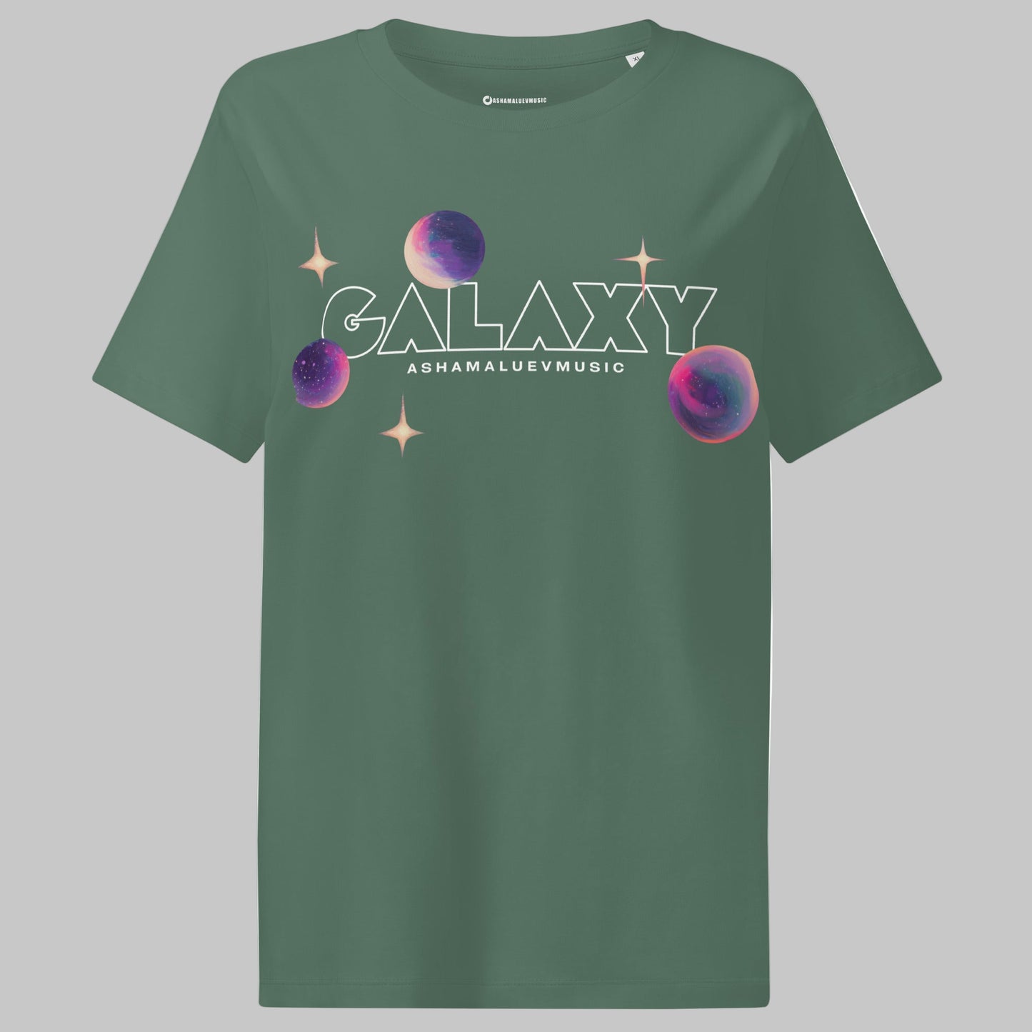 Green bay t-shirt with a 'Galaxy' design and AShamaluevMusic logo on a grey background