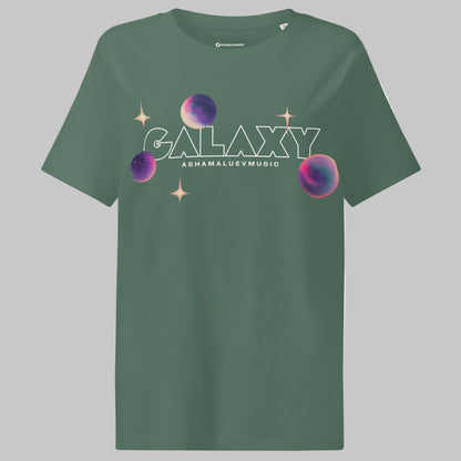 Green bay t-shirt with a 'Galaxy' design and AShamaluevMusic logo on a grey background