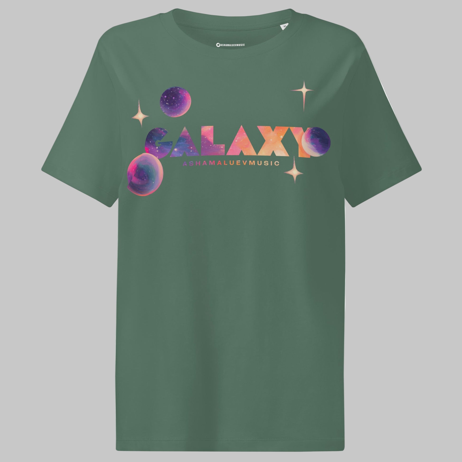 Green bay t-shirt with a 'Galaxy' design and AShamaluevMusic logo on a light grey background