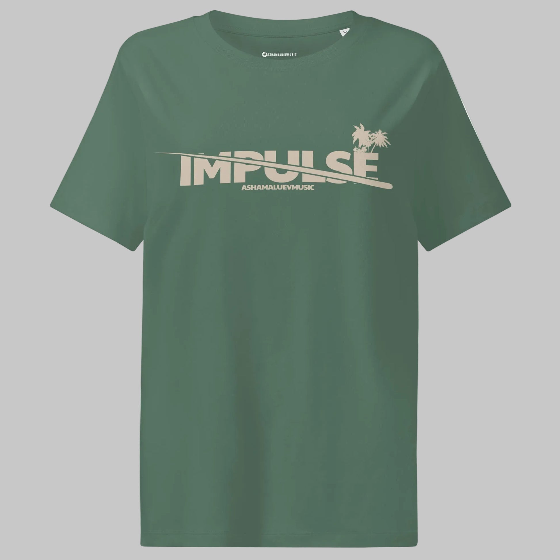 Green bay woomen's t-shirt with beige text 'IMPULSE' and 'AShamaluevMusic' on a gray background