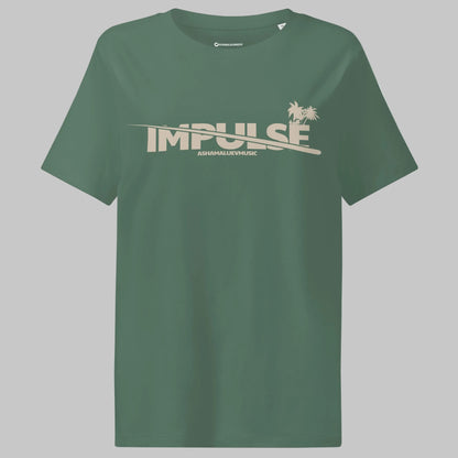Green bay woomen's t-shirt with beige text 'IMPULSE' and 'AShamaluevMusic' on a gray background