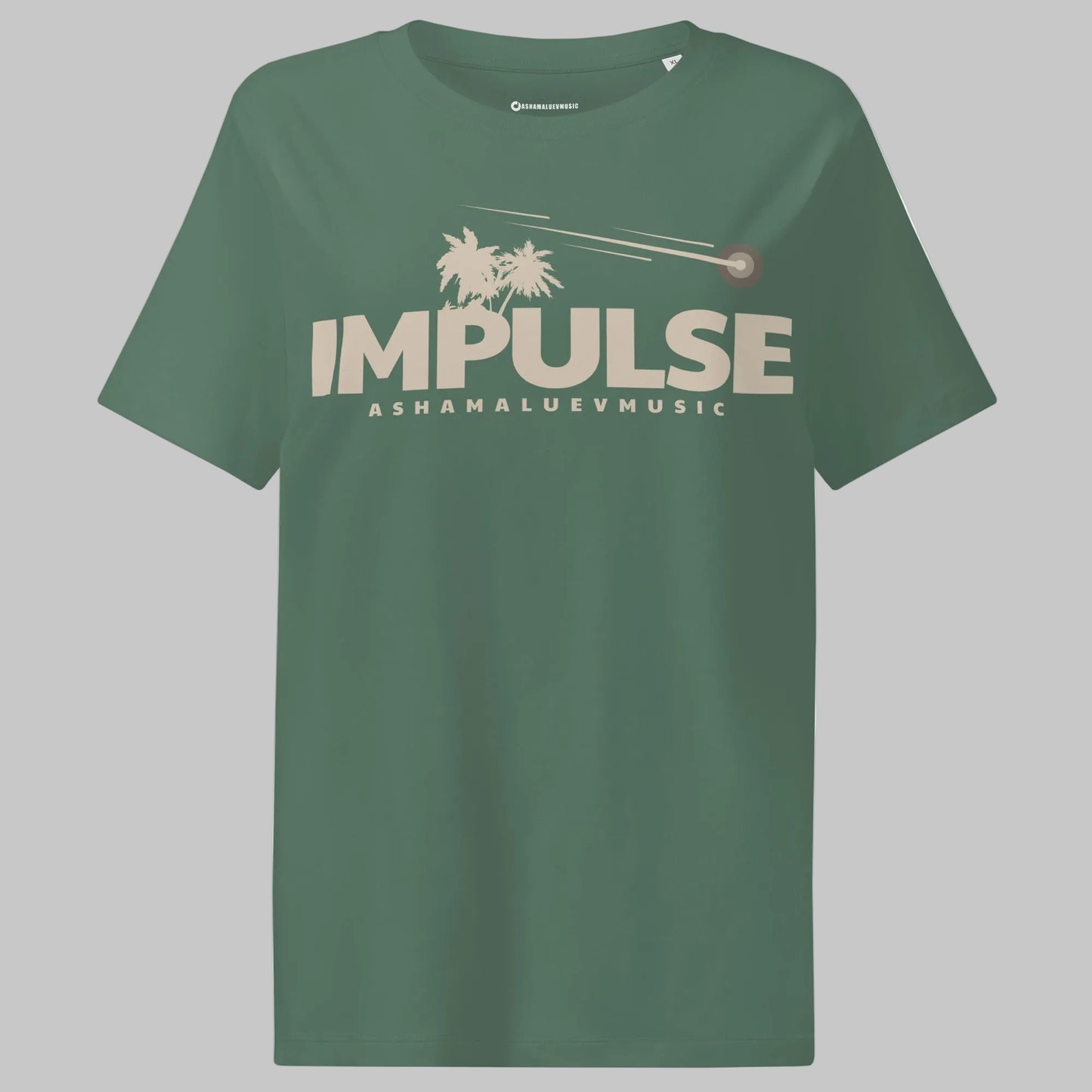 Green bay women's organic short sleeve t-shirt with beige text 'IMPULSE' and 'ASHAMALUEVMUSIC' on a gray background