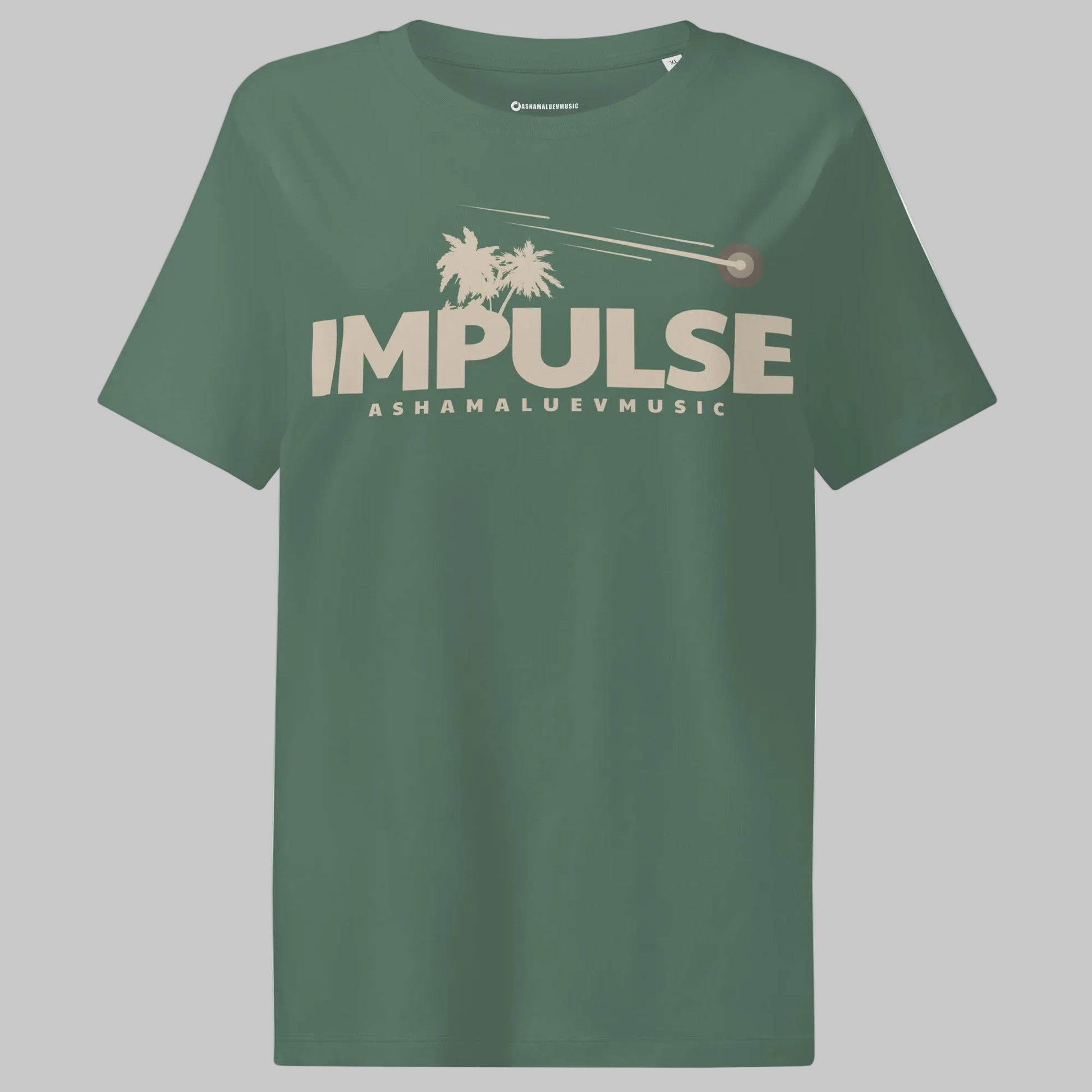 Green bay women's organic short sleeve t-shirt with beige text 'IMPULSE' and 'ASHAMALUEVMUSIC' on a gray background