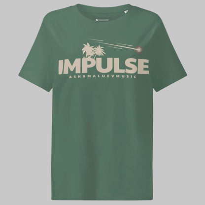 Green bay women's organic short sleeve t-shirt with beige text 'IMPULSE' and 'ASHAMALUEVMUSIC' on a gray background