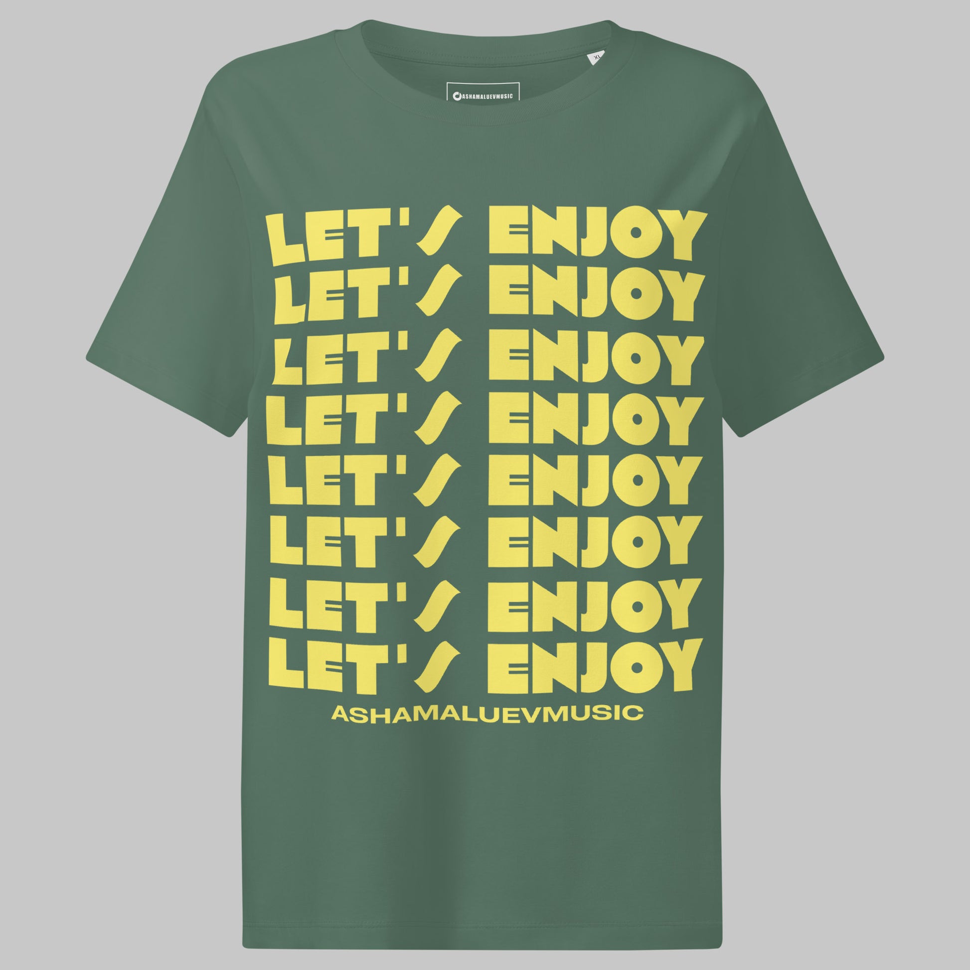 Green bay t-shirt with yellow text 'LET'S ENJOY' and AShamaluevMusic on a gray background