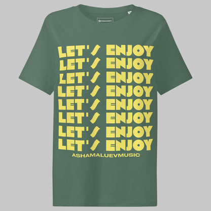 Green bay t-shirt with yellow text 'LET'S ENJOY' and AShamaluevMusic on a gray background
