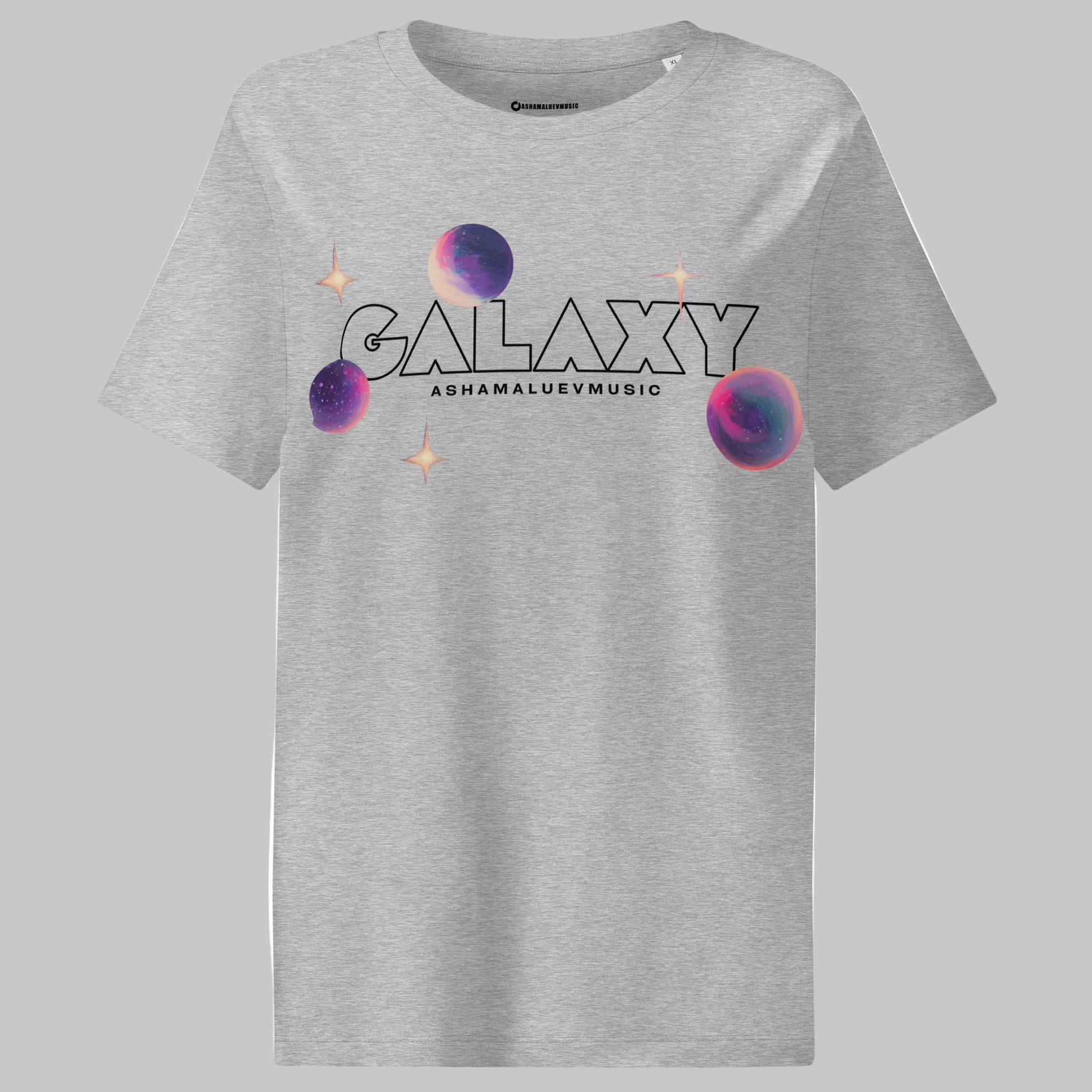 Heather grey t-shirt with a 'Galaxy' design and AShamaluevMusic logo on a grey background