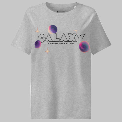 Heather grey t-shirt with a 'Galaxy' design and AShamaluevMusic logo on a grey background