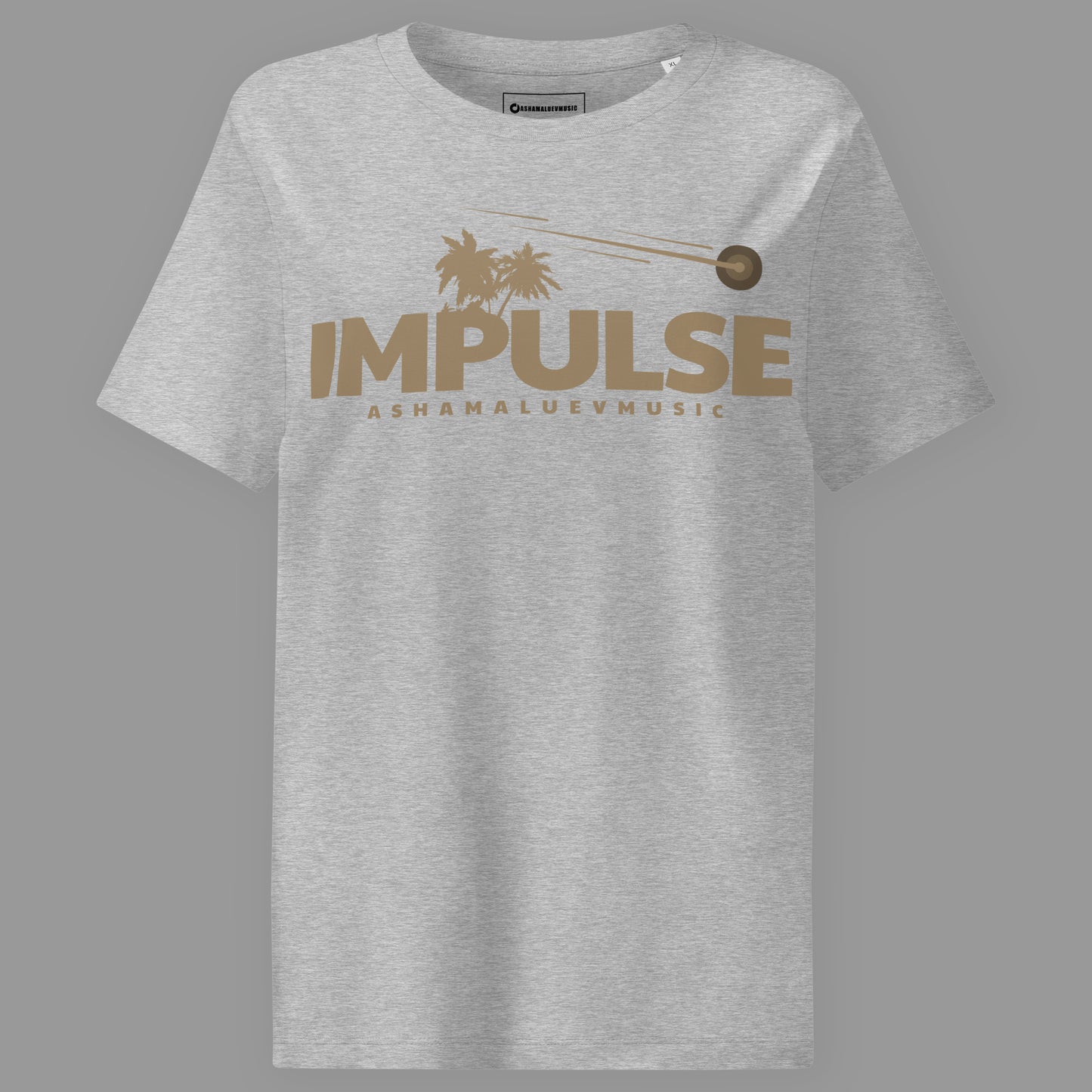 Heather grey women's organic short sleeve t-shirt with beige text 'IMPULSE' and 'ASHAMALUEVMUSIC' on a gray background
