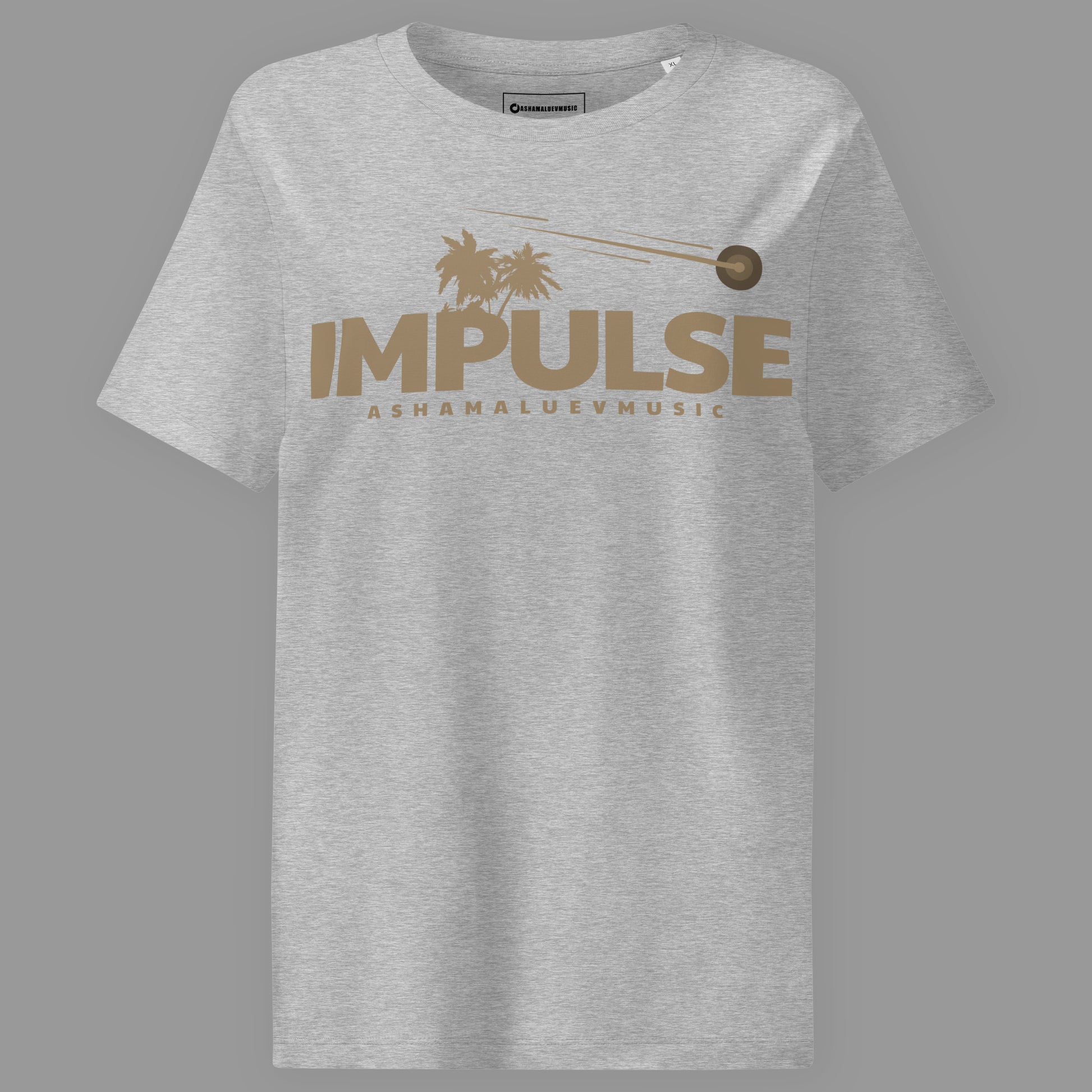 Heather grey women's organic short sleeve t-shirt with beige text 'IMPULSE' and 'ASHAMALUEVMUSIC' on a gray background