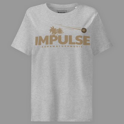 Heather grey women's organic short sleeve t-shirt with beige text 'IMPULSE' and 'ASHAMALUEVMUSIC' on a gray background