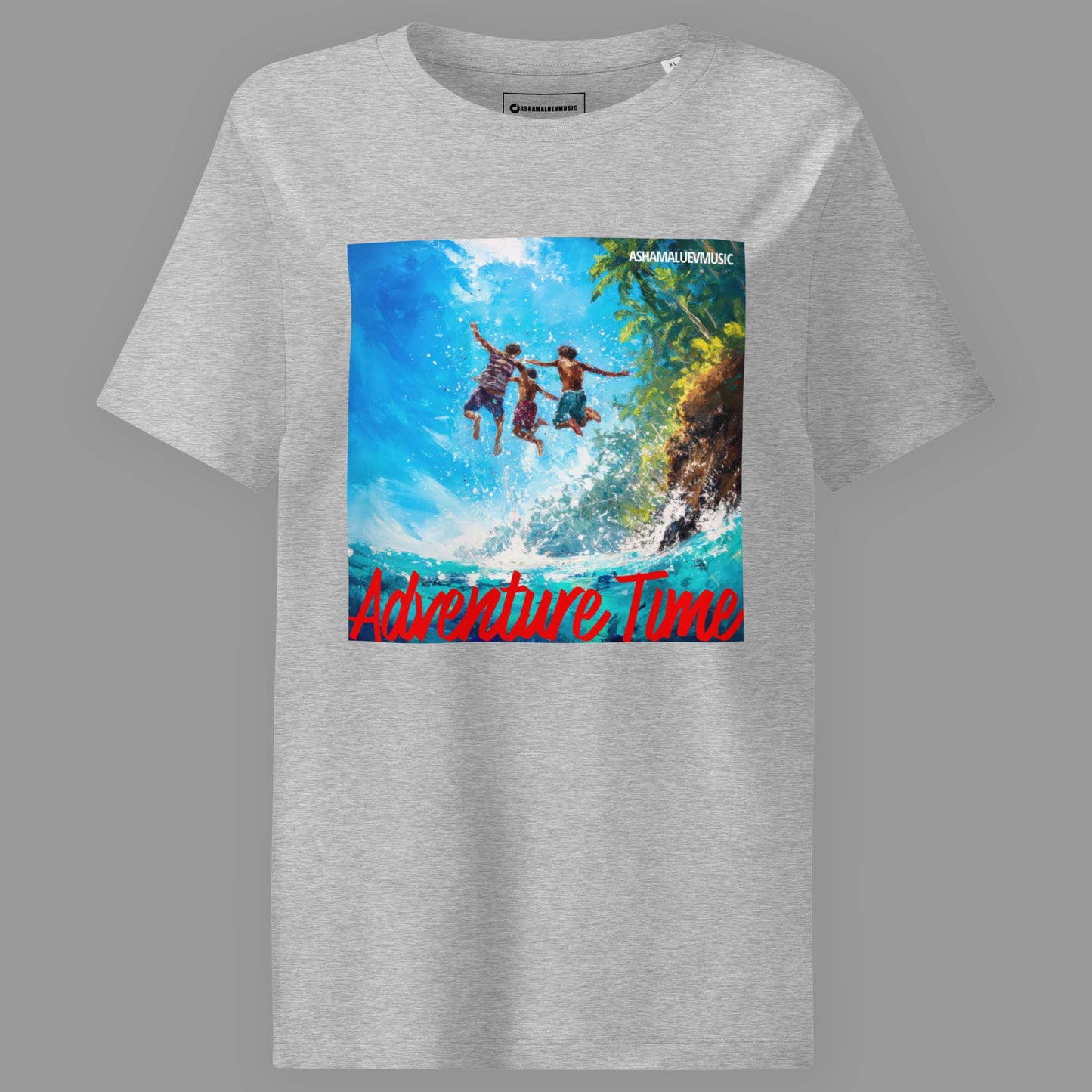 Heather grey women's short sleeve t-shirt with 'Adventure Time' graphic and 'AShamaluevMusic' text on a gray background