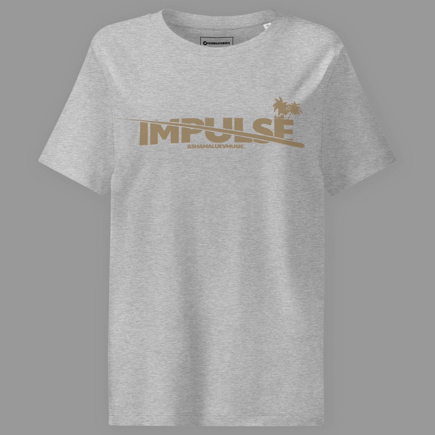 Heather grey woomen's t-shirt with beige text 'IMPULSE' and 'AShamaluevMusic' on a gray background