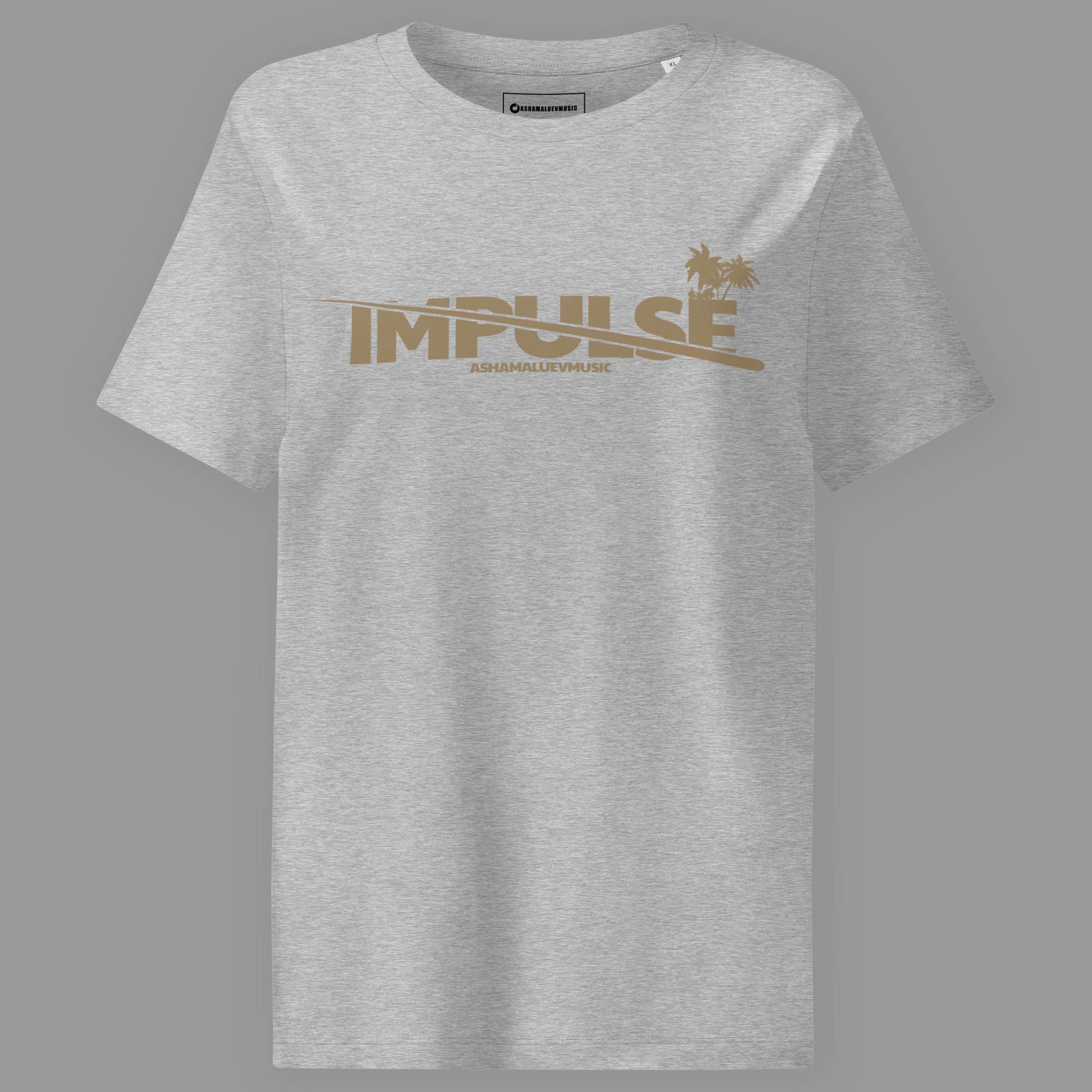 Heather grey woomen's t-shirt with beige text 'IMPULSE' and 'AShamaluevMusic' on a gray background